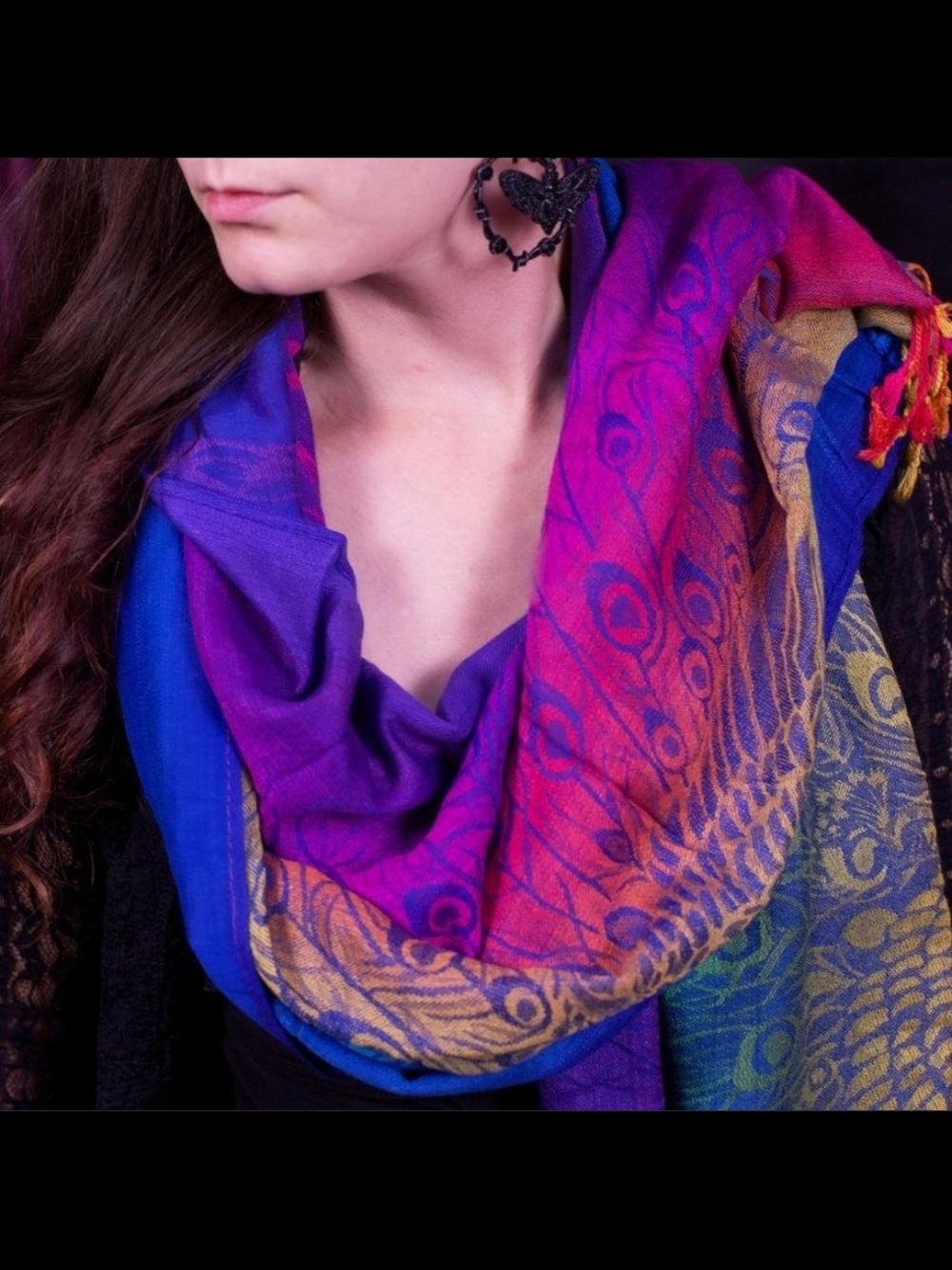 Rainbow Peacock Feather Floral Pashmina Scarf Shawl